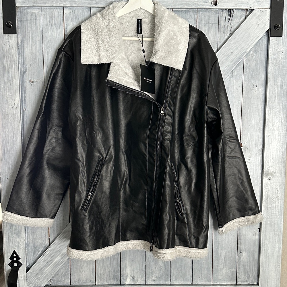 Black Faux Leather Jacket with White Sherpa Lining